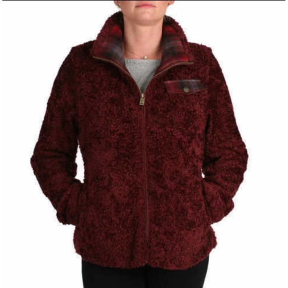 Pendleton Jackets & Blazers - Pendleton Womens Burgundy Sherpa Fleece Full Zip Plaid Trim Jacket P1558 Size M
